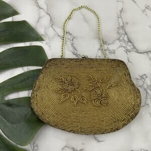 Walborg Vintage 60s Beaded Evening Bag Clutch Gold Floral Small Kiss Lock Purse